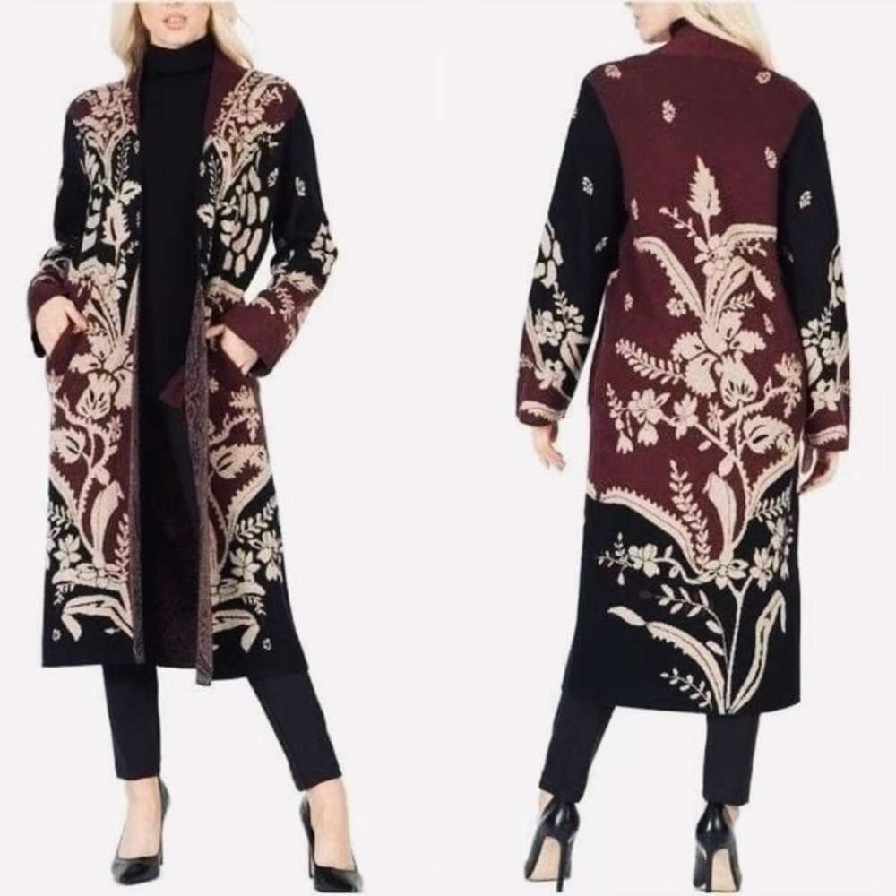 Soft Surroundings Women Floral Black & Burgundy Knit Cardigan, PS. NWOT